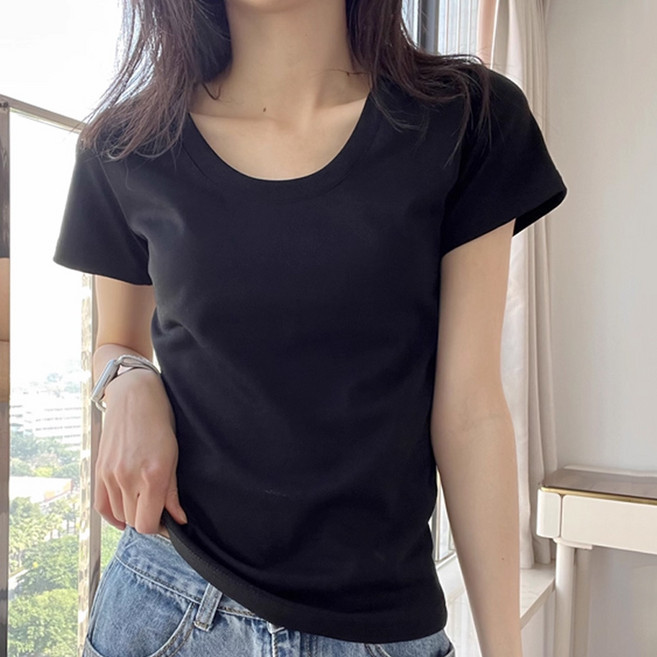 후암마켓 여성 유넥 기본티 무지 면스판 이너 반팔 티셔츠