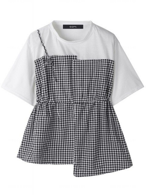 GGPX 체크 배색 허리 스트링 프릴 반팔 티셔츠 (GOBLW001D)