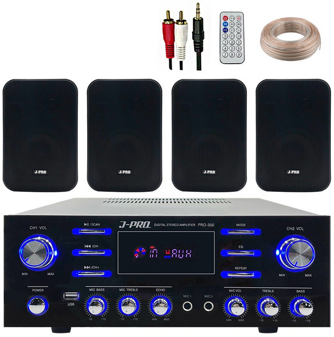 제이프로 300W 블루투스 매장용 카페 매장 업소용 벽걸이 미니 앰프 스피커 4개 세트+리모콘+PC선 1.5M+스피커케이블 40M, 블랙