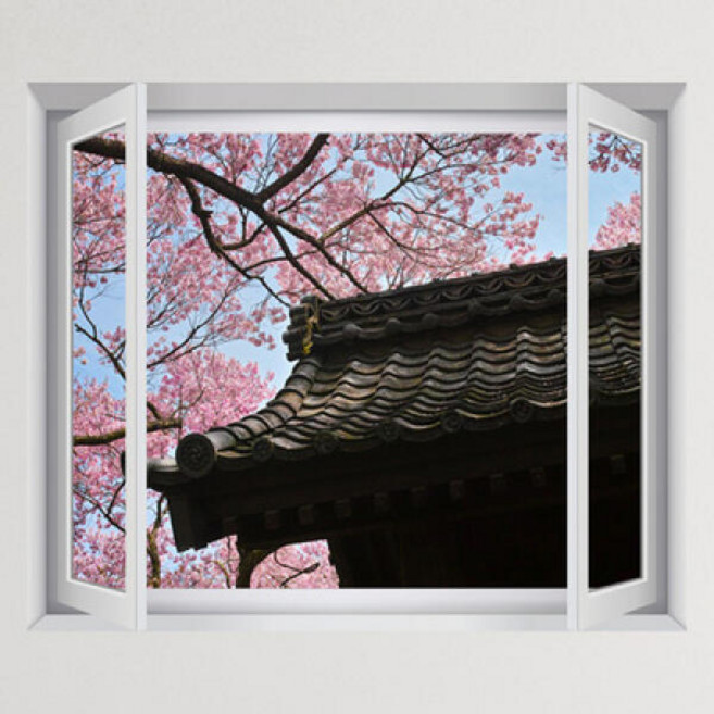 iy884-벚꽃드리워진기와집_창문그림액자(중형), D타입-엘레강스실버
