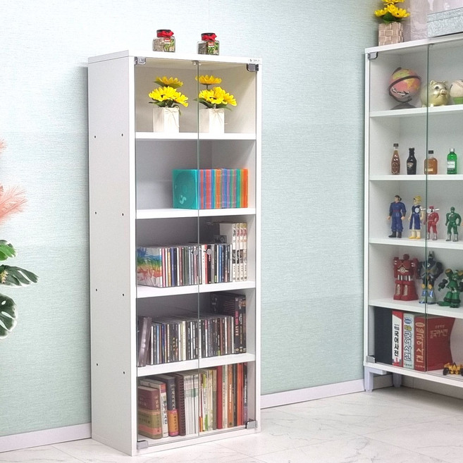 드림퍼니처 모던1200 유리문 깊이24cm 5단 장식장 dvd장 진열장 피규어 미니어처 프라모델 다용도 수납장 소품 정리함, 모던1200 유리문깊이24cm가로50cm5단 화이트