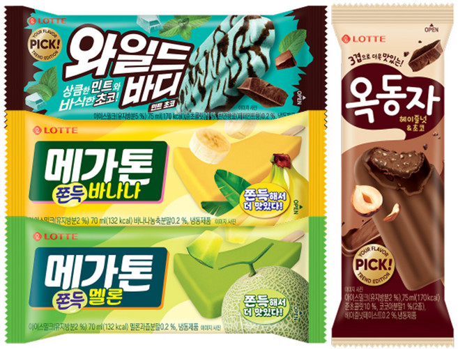 막대 아이스크림 옥동자 헤이즐넛 x10개+와일드 바디 민트초코 x10개+메가톤 멜론 x10개+메가톤 바나나x10개