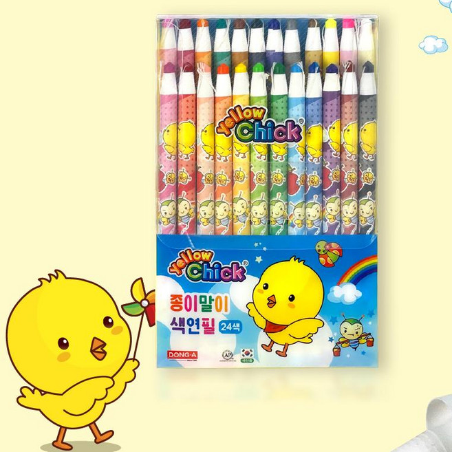 국산 동아 노랑병아리 종이말이 색연필 24 색상 유치원 어린이집 초등학교 미술 교재, 1세트, 24색