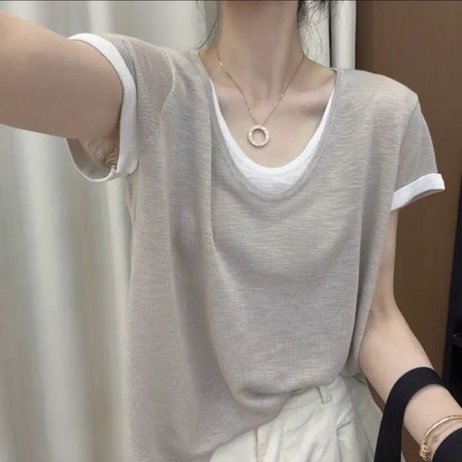 韓版夏季薄款U領短袖拼接上衣假兩件寬鬆撞色T恤女