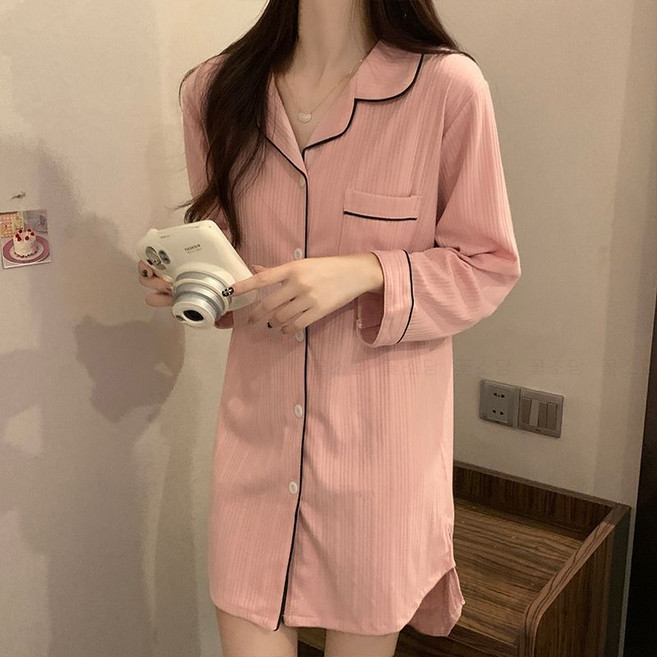 꽃소담 여성 봄 여름 카라넥 잠옷 원피스 미디 실내복원피스 여자 원피스형 MQ26A474