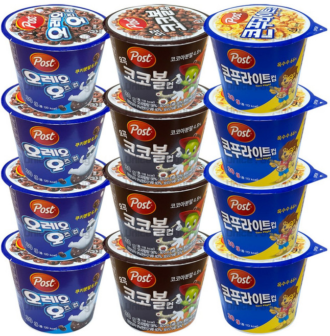 동서 포스트 컵시리얼 30g 12개 ( 콘푸라이트 4 + 오레오오즈 4 + 오곡코코볼 4 ), 1세트