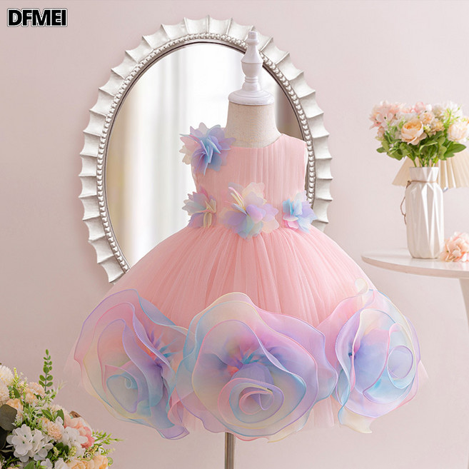 DFMEI 女童禮服裙七彩花朵蓬蓬公主裙花童婚紗女童連衣裙