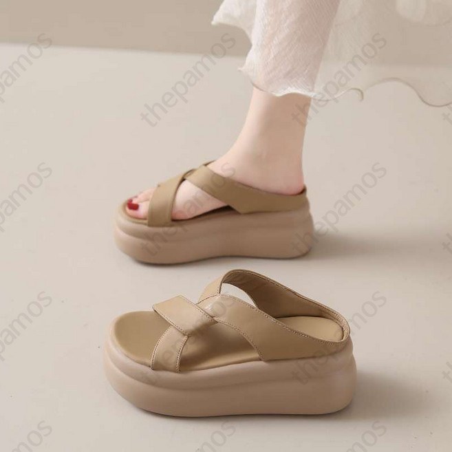 샌들 7cm 밑창 두꺼운 여성용 가죽 신식 크로스 사이즈