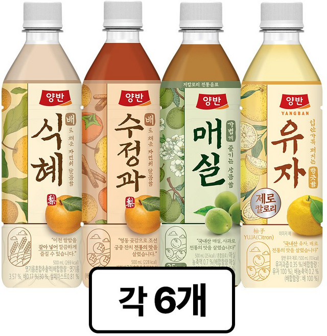 동원 양반 음료 500ml 4종모음 24병 (배식혜6+배수정과6+매실6+유자제로6), 24개
