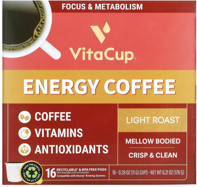 VitaCup Energy Coffee Light Roast 16 Cups 0.39 oz (11 g) Each 1팩, 팟, 11g, 1개