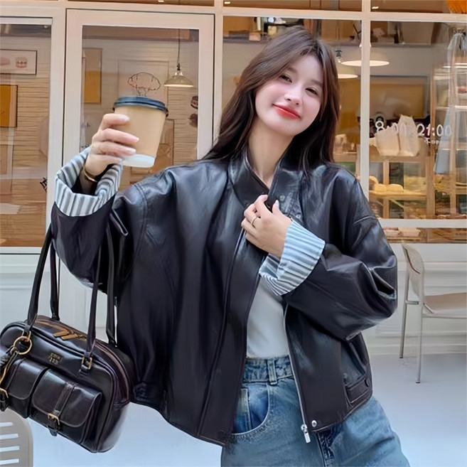 여성 봄 가을 루즈핏 빅사이즈 점퍼 빈티지 데일리룩 레더 재킷 코트