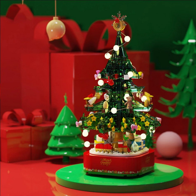 국내배송 크리스마스 트리 회전 오르골 블럭 LED 조명 성탄절 분위기 장식, 1세트, 1개