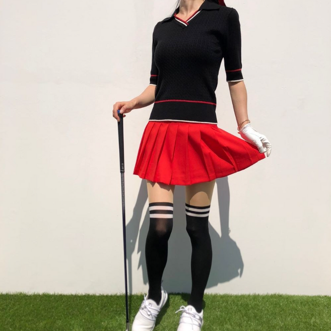 로로얼로이 여성 골프스타킹 투톤 오버니삭스 착시 반반스타킹 80데니아 자외선차단