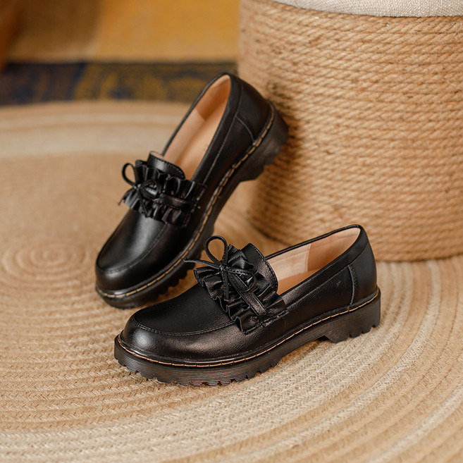 ANYOU 여성 천연 가죽 구두 컴포트 소프트 키높이 통굽 리본 로퍼