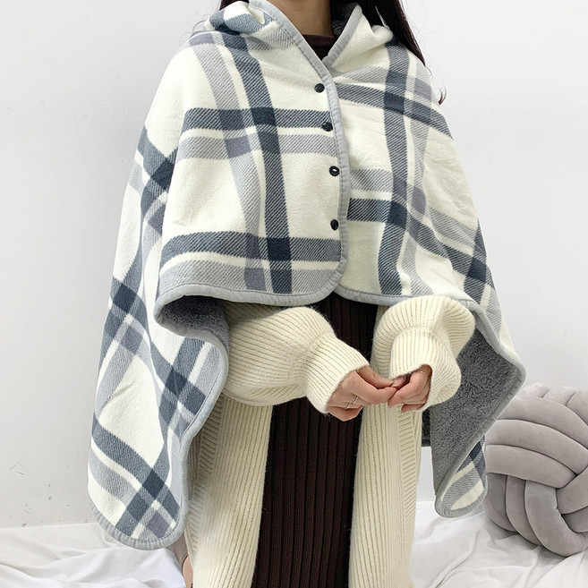 B급상품 체크무늬 털 안감 극세사 똑딱이 어깨 망토 무릎 숄 이불 입는 담요 bg4033b