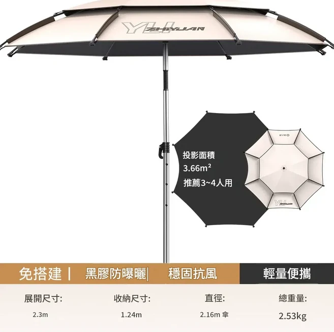 YZHULIAN 戶外露營遮陽傘 黑膠防曬行動式野餐車用傘 UPF 2000, 免搭建 一 upf50 一 抗大風 2.4米 推薦3 一 4人使用, 1個, 1層