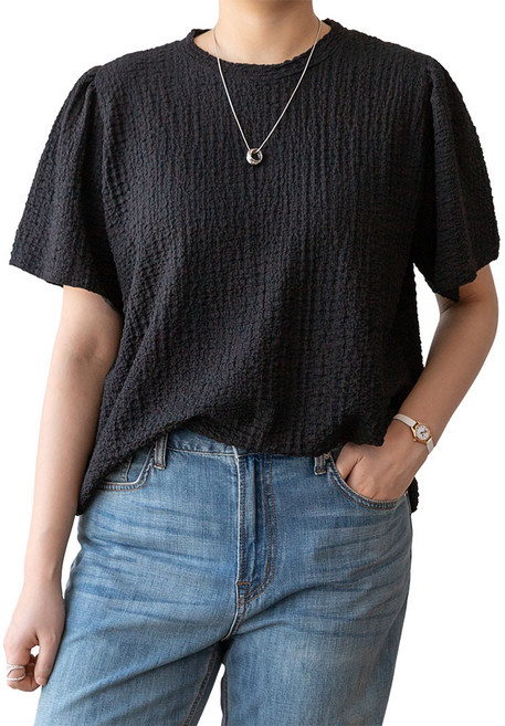 코코세븐 여성 빅사이즈 엠보 퍼프 소매 볼륨 블라우스 반팔 티셔츠