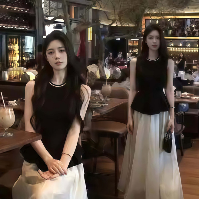 Asure 여름 여성 패션 투피스 민소매나시 +미디엄기장 스커트 출근룩 데일리룩