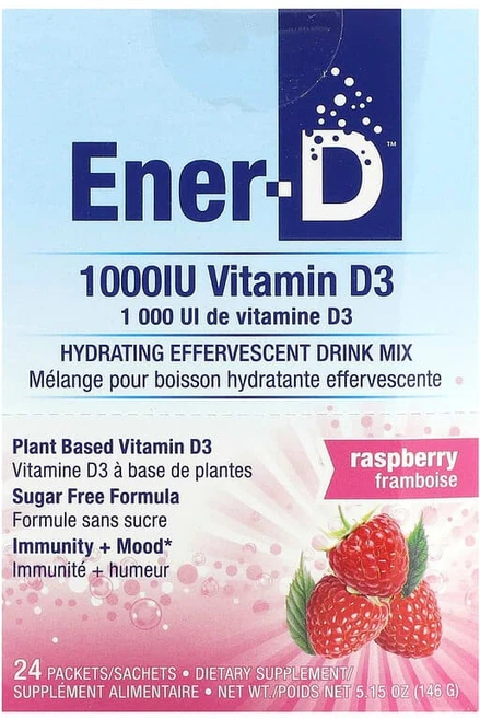 Ener-C Ener-D 비타민D3 수분 공급 발포정 드링크 믹스 무설탕 라즈베리 1 000mg 24팩 Ener-C (에너씨), 24개 - 쿠팡