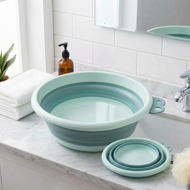 실리콘 욕실 주방 다라이 접이식 대야 캠핑용 휴대용 대야, 그린 중(M)32cm, 1개