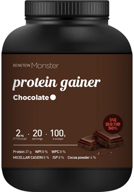 베네틴 몬스터 벌크업 프로틴 게이너 체중증가 보충제 초코맛, 1개, 2kg - 쿠팡