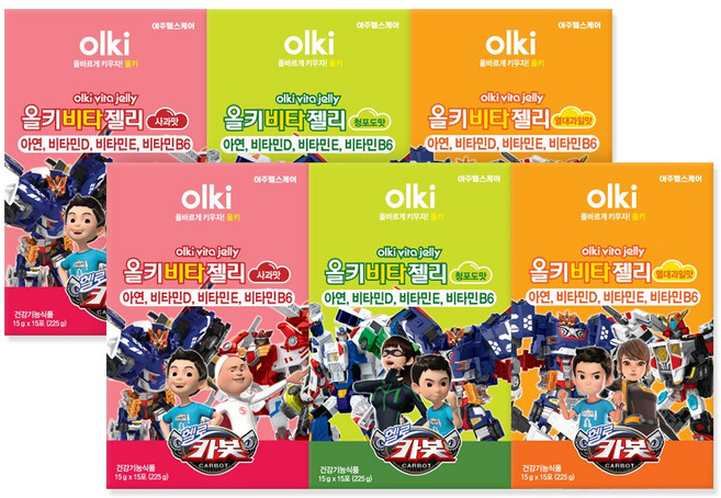 올키X헬로카봇 비타젤리 6박스 맛선택 (총 90포) / 키즈 성장기 면역 어린이 아연 비타민D 비타민E 비타민B6, 04. 열대과일2+사과2+청포도2