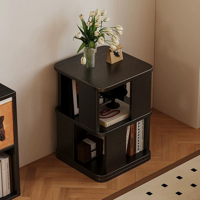 원형 회전 책장 3단 4단 거실 꽂이 2단 이동식 서재 책꽂이 틈새, 1단, 빈티지 프리미엄 블랙 2단 회전 책장