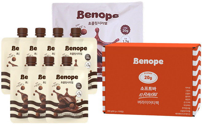 베노프 단백질 쉐이크 초콜릿 시리얼 40g x7개 + 소프트바 버라이어티팩 10종 600g x1개, 1세트, 880g
