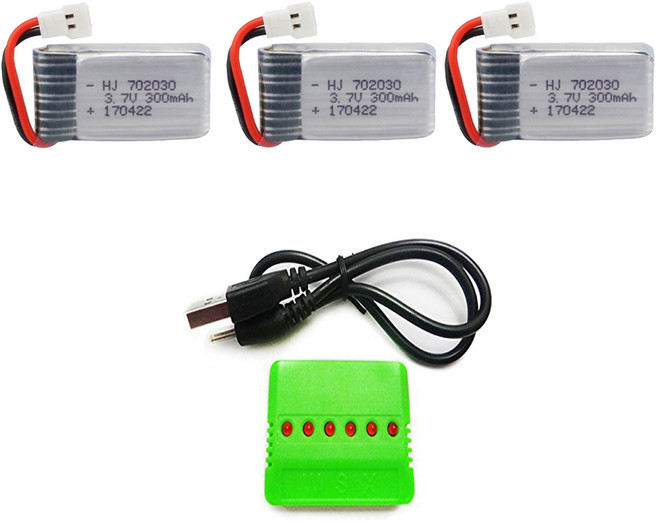 3.7v 300mah 드론배터리충전기세트 RC비행기, (X4) 300mah3개+6in1충전, 1개