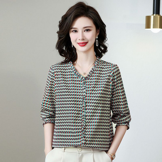 봄 가을 중년 여성 긴팔 블라우스 캐주얼 풀오버 상의 루즈핏 엄마 긴팔티 기질 체크 9부 소매 쉬폰 블라우스 WXY
