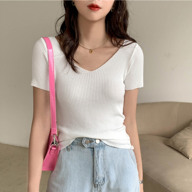 스타일아유 여성 여름 여신 슬림 골지 루즈핏 브이넥 반팔 니트 티셔츠 오피스 캐주얼[AZG4KN0600]
