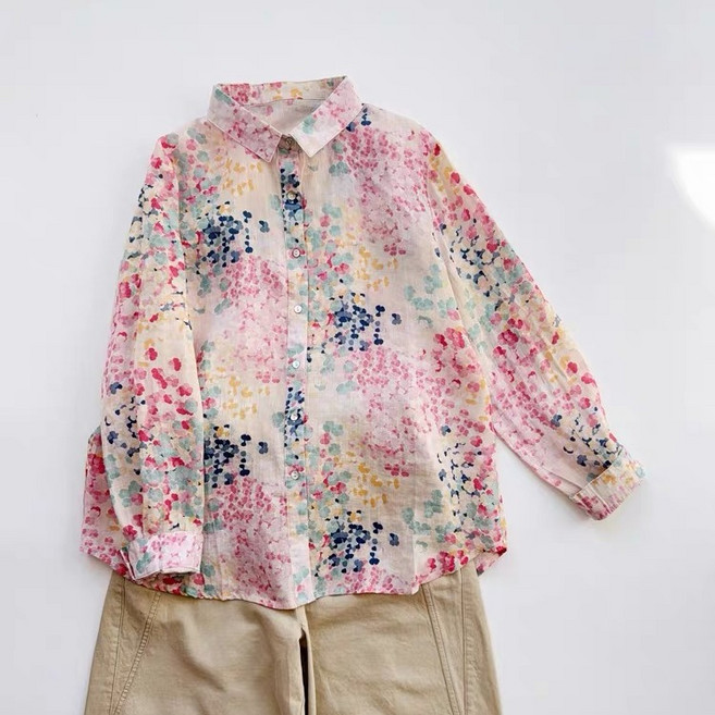 ASURE 루즈핏 얇은 꽃무늬 인쇄 긴팔 셔츠 날씬해 보이는 여성복