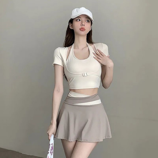 COSYEVNO 여성 요가복 치마 세트 슬림핏 헬스 반팔티+미니스커트 트레이닝복