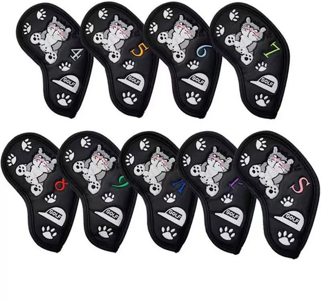 [골프친구] 프리미엄 가죽 자수 고양이 캐릭터 아이언커버 세트 9P 아이언 커버 세트 골프 아이언커버 4 5 6 7 8 9 P A S, 9개, 앵그리캣 Black