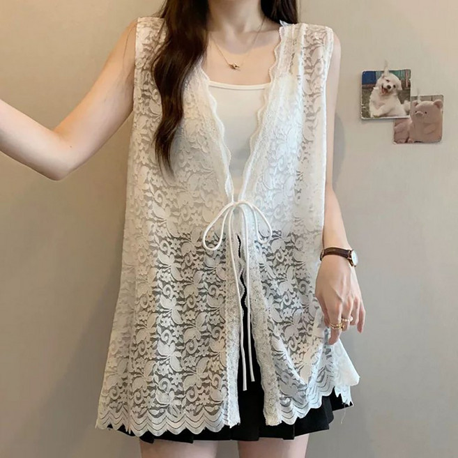 ROYALBELLE 여성 빅사이즈 레이스 조끼 오픈형 하프기장 레이어드 베스트