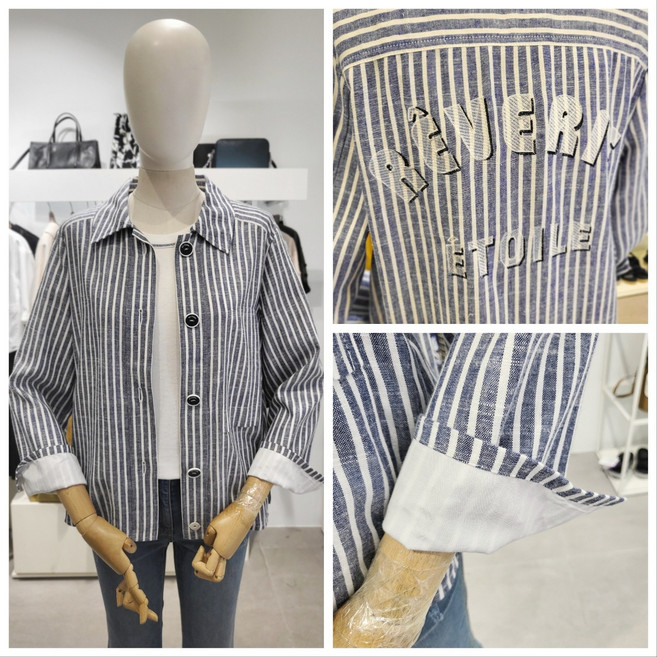 올리비아로렌 린넨혼방 스트라이프 아우터형 카라 긴팔 셔츠 nc청주점 vvcnl4m3291