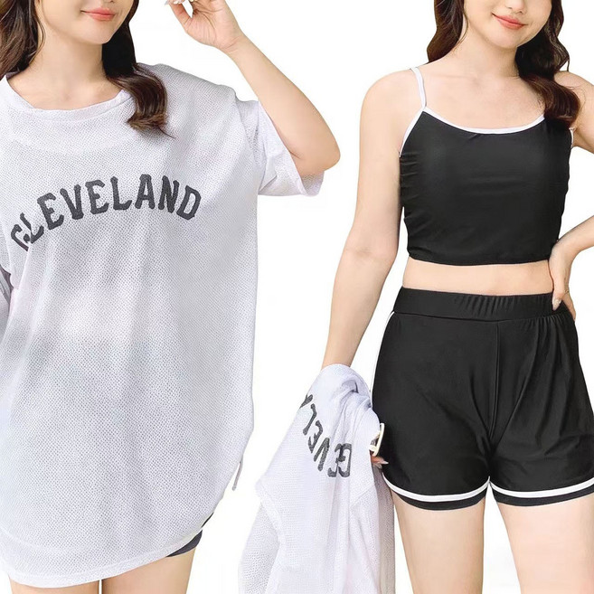 Modern Fashion 체형커버 여성 3종 세트 수영복 반팔 나시 반바지 사각수영복 MX07, 블랙