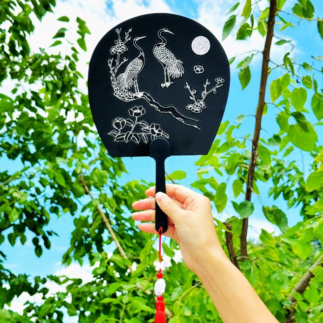 자개 부채 만들기 전통 민화부채 DIY키트 스티커 세트 장실구수술 포함 부채만들기 여름 꾸미기, 전통민화부채-학, 1개