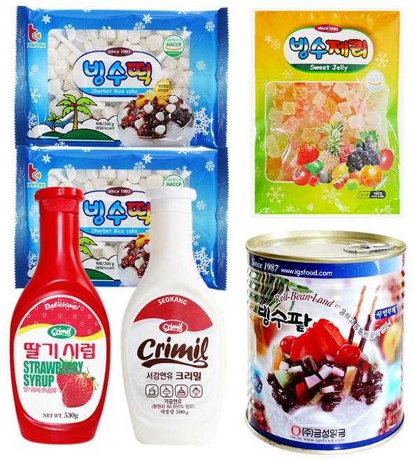 빙수재료 (떡 2개 +제리 1개 +딸기시럽 530g +연유 500g +팥850g), 빙수떡 2개 +빙수제리 1개 +딸기시럽 +연유 +빙수팥