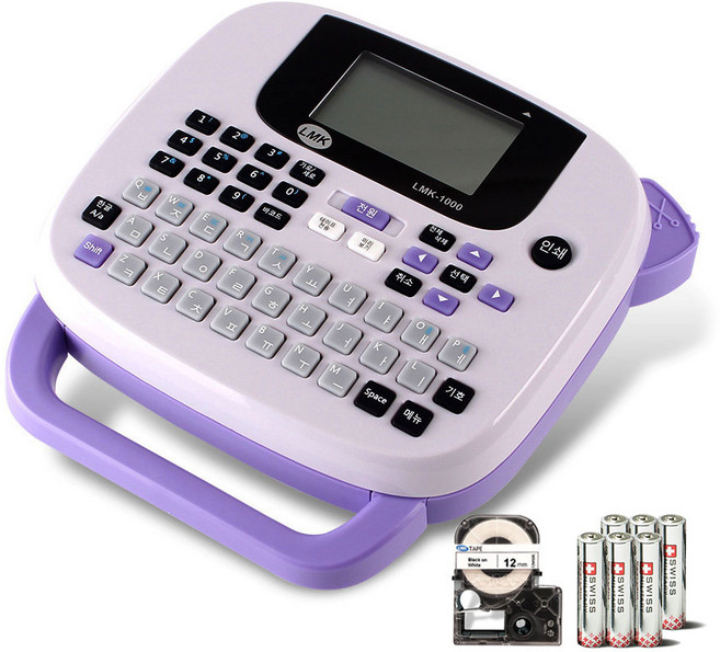 로드메일코리아 휴대용 라벨프린터+12MWK 라벨테이프+건전지, LMK-1000(라이트퍼플), 1개