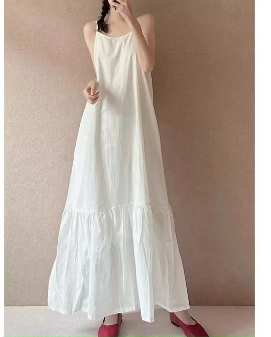 DIU 棉麻純色連衣裙簡約拼接吊帶裙夏季氣質女裝新款寬鬆文藝長裙, L