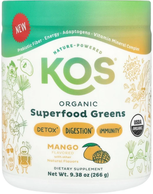 KOS 유기농 슈퍼 푸드 그린스 망고 266g(9.38oz) KOS (코스), 266g, 1개 - 쿠팡