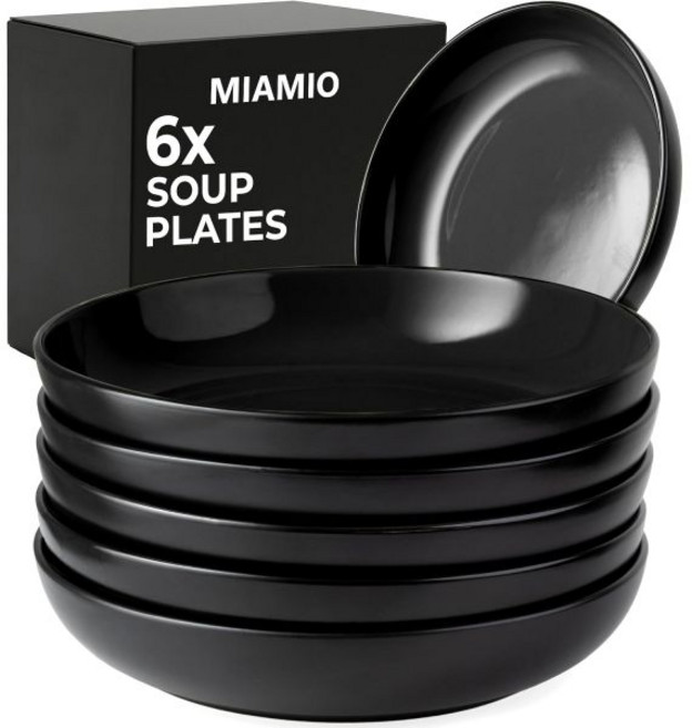 MIAMIO – 파스타 그릇/샐러드 그릇 6개 30온스 세트 접시 넓고 얕은 대형 도자기 석기 깊은 서빙 수프 전자레인지 및 식기세척기 사용 가능 - 르 파피용 컬렉션, Black