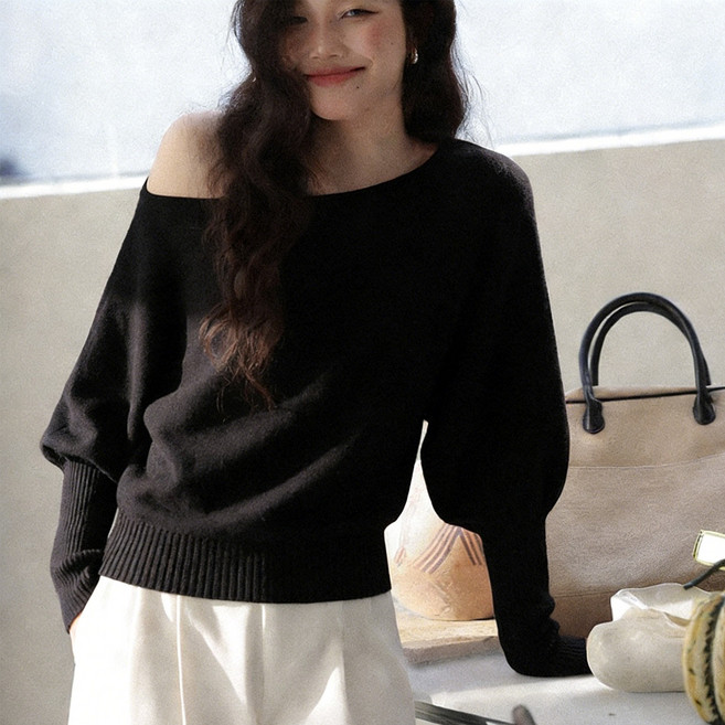 ORVIA 여성 오프숄더 니트티 루즈핏 니트 라운드 스웨터 베이직 긴팔 티셔츠 데일리 상의