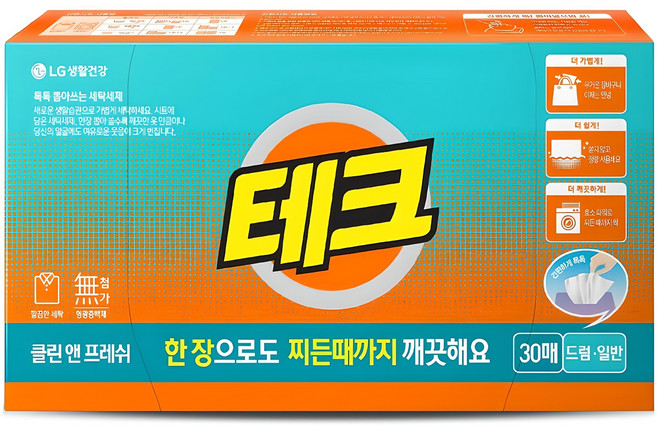 테크 간편 일반 드럼 겸용 찌든 때 제거 시트세제 클린 앤 프레쉬, 30매, 1개