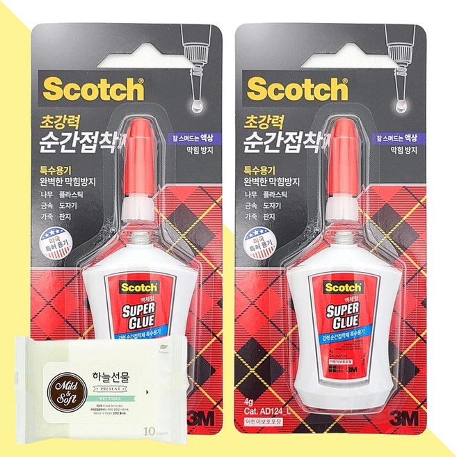 3M 스카치 초강력 순간접착제 특수용기 4g 2개(+하늘선물 물티슈 10매)