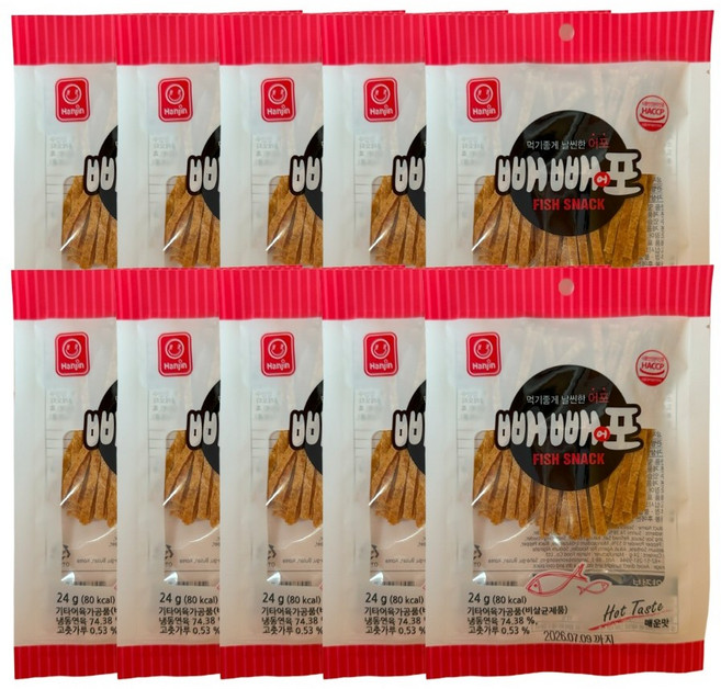 한진 빼빼포 매운맛 24g x10개 어포 쥐포 피시스낵 술안주 아이들 간식, 10개