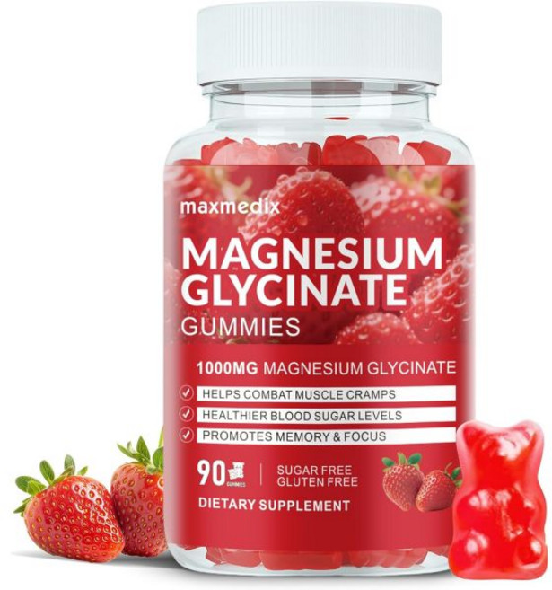 마그네슘 글리시네이트 구미 1000mg 무설탕 칼륨 씹어먹 젤리 성인용 L트레오네이트 포함 수면 신체 지원 이완용 딸기 맛 maxmedx, 90