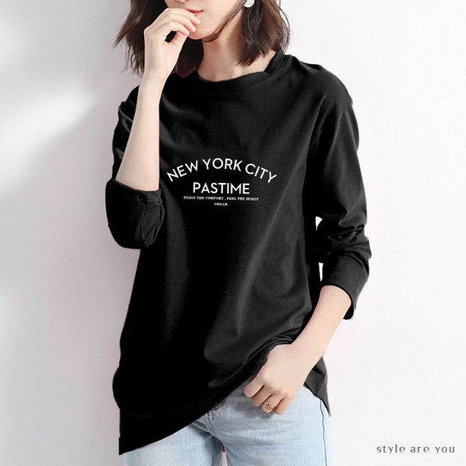 스타일아유 여성용 레터링 오버핏 라운드넥 긴소매 티셔츠 TS023A