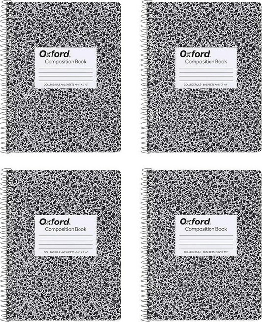 Oxford 나선형 컴포지션 노트 4팩 넓은 유선 종이 24.4 x 19.1cm(9-3/4 7-1/2인치) 80장 블랙 마블 커버 (64950), Legal